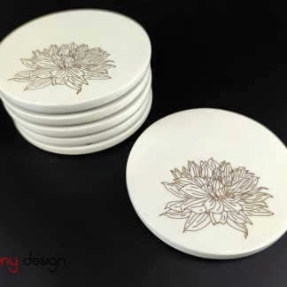 Set of 6 round lacquer coasters engraved with dahlia